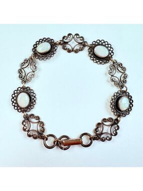 BEAU 3 TCW Opal Cabochon Filigree Scroll Link Sterling Silver 925 VTG Bracelet